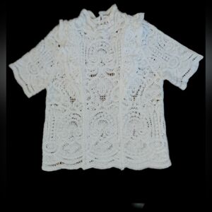 Bluivy White Open Weave Crochet Short Sleeve High Neck Victorian Top Blouse Sz L